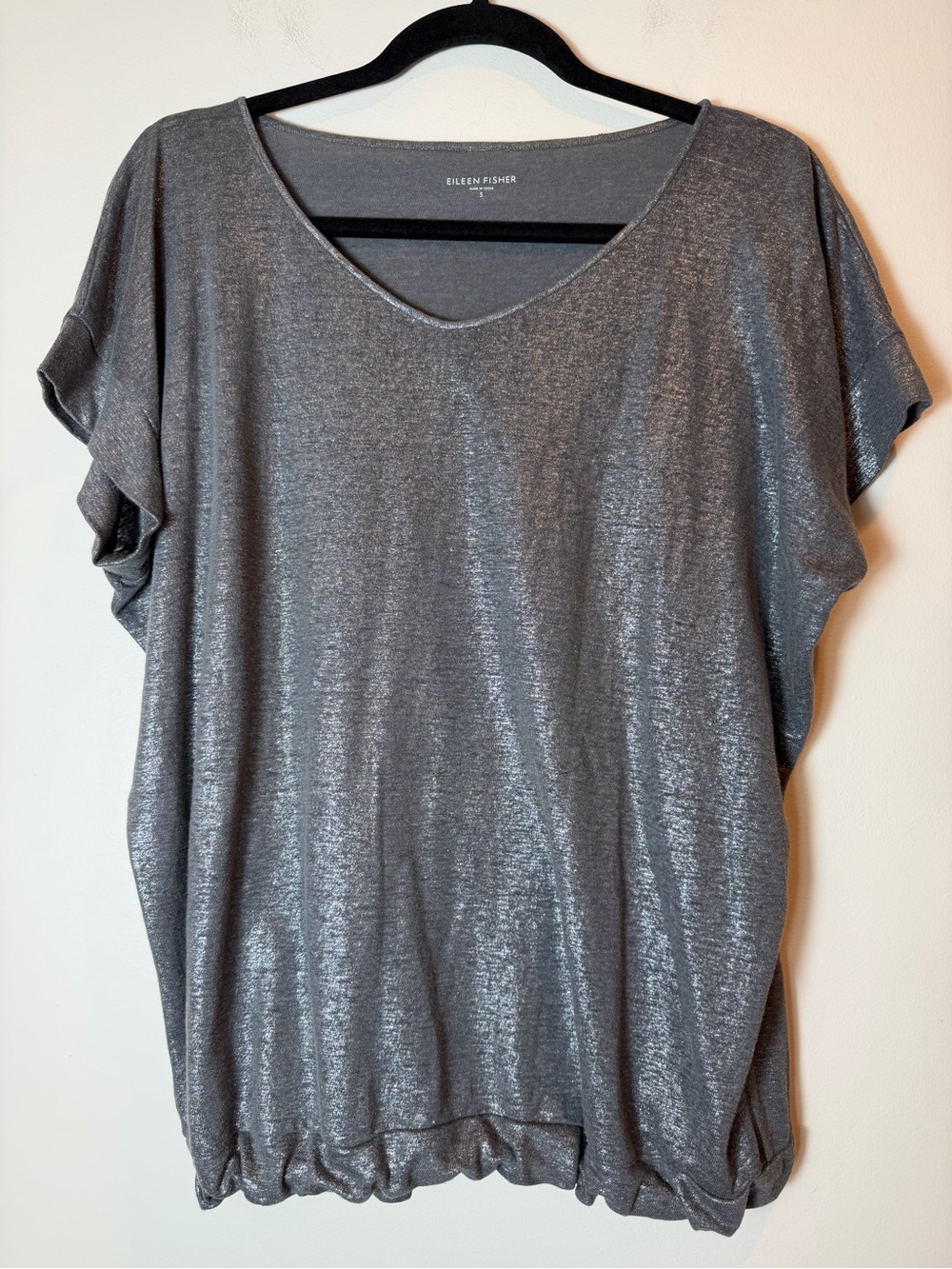 Eileen Fisher Linen Metallic Silver Gray Shimmer Tie Hem Bubble Top Size Small